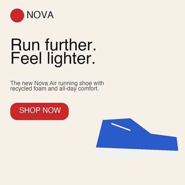 Example ad: NOVA running shoe with headline, body copy and a Shop Now button
